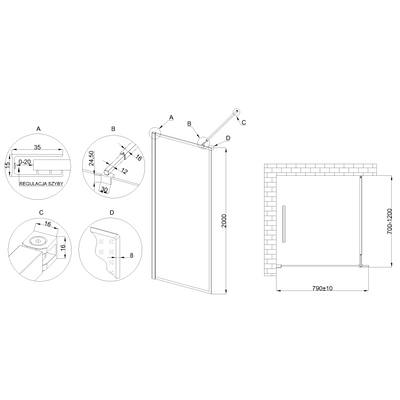 Kabina walk-in ii 80x200cm ramka 8mm shiny-glass czarny AK-32-188-S Invena