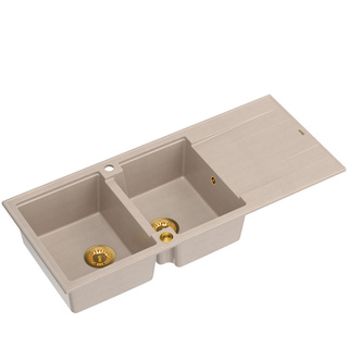 Zlewozmywak granitowy EVAN 121 – dwukomorowy, wpuszczany, pearl beige/elementy złote, Quadron