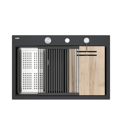 Zlewozmywak granitowy MARC 120 WORKSTATION – dwukomorowy, wpuszczany, pure carbon/elementy stalowe + AKCESORIA, Quadron