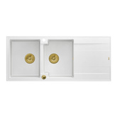 EVAN 121 GraniteQ zlewozmywak z syfonem Push To Open 2-komorowy z/o (1160x500x210; kom. 420x340) snow white / elementy złote