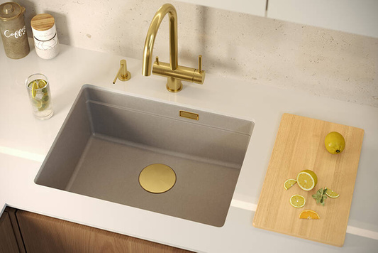 LOGAN 100 GraniteQ zlewozmywak soft taupe 59,5x45,1x21,5 cm 1-komorowy podwieszany z syfonem manualnym stal szlachetna