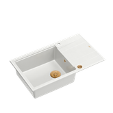 EVAN 136 XL GraniteQ zlewozmywak z syfonem Push to Open 1-komorowy z/o (860x500x210; kom. 420x490) snow white / elementy miedziane