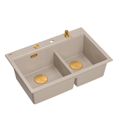 Zlewozmywak granitowy MARC 120 WORKSTATION – dwukomorowy, wpuszczany, pearl beige/elementy miedziane + AKCESORIA, Quadron