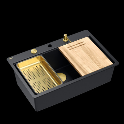 QUADRON | MARC 110 FM PRODUKT NA ZAMÓWIENIE | granitowy zlewozmywak kuchenny CZARNY mat+ ZŁOTO PVD | wymiary: 75 x 49 x 24 cm | akcesoria: syfon, dozownik, deska | 1-komorowy na równi w blatem | podbudowa szafki od: 80 cm