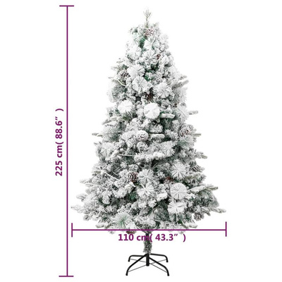 vidaXL Choinka flokowana śniegiem z lampkami i szyszkami 225 cm PVC/PE