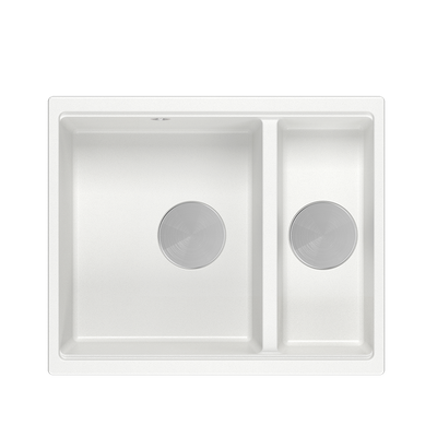 QUADRON | LOGAN 150 | granitowy zlewozmywak kuchenny BIAŁY + STAL | wymiary: 56 x 46 x 22 cm | 1,5-komorowy wpuszczany | podbudowa szafki od: 60 cm
