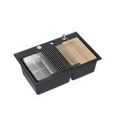 Zlewozmywak granitowy MARC 120 WORKSTATION – dwukomorowy, wpuszczany, pure carbon/elementy stalowe + AKCESORIA, Quadron