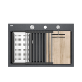Zlewozmywak granitowy MARC 120 WORKSTATION – dwukomorowy, wpuszczany, black diamond/elementy stalowe + AKCESORIA, Quadron