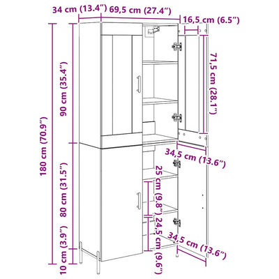 Highboard 2 szt. Czarny Dąb 69,5 x 34 x 180 cm