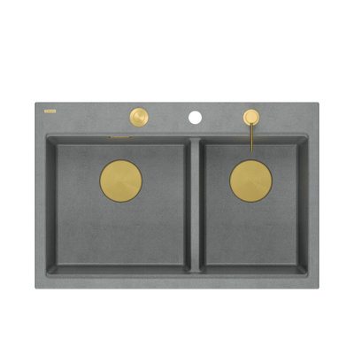 Zlewozmywak granitowy MARC 120 WORKSTATION – dwukomorowy, wpuszczany, silver stone/elementy złote + AKCESORIA, Quadron