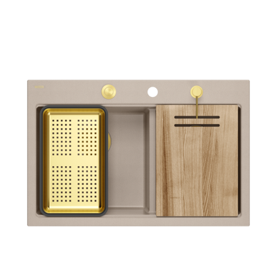 Zlewozmywak granitowy MARC 120 WORKSTATION – dwukomorowy, wpuszczany, pearl beige/elementy złote + AKCESORIA, Quadron