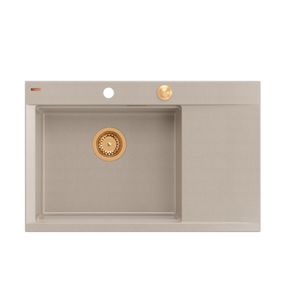 JOSH 111 GraniteQ zlewozmywak 1-komorowy z/o (780x500x215) pearl beige + syfon push 2 open + deska + wkładka/ elementy miedziane