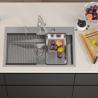 BURT Workstation SteelQ zlewozmywak 1-komorowy b/o stal szlachetna 760*500*220 mm + syfon push to open + dozownik stal szcz. + wkładka ociekowa+ Qmata + nakładka