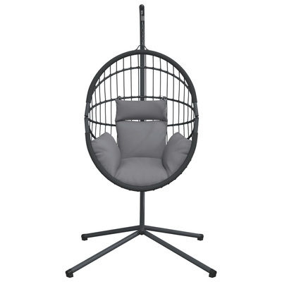 Wiszące krzesło kokon ze stojakiem, szare, rattan i stal