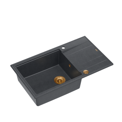 EVAN 136 XL GraniteQ zlewozmywak z syfonem Push To Open 1-komorowy z/o (860x500x210; kom. 420x490) black diamond / elementy miedziane