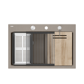 Zlewozmywak granitowy MARC 120 WORKSTATION – dwukomorowy, wpuszczany, soft taupe/elementy stalowe + AKCESORIA, Quadron
