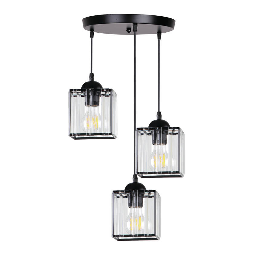 Lampa Wisząca Talerz Czarny 3X40 E27 Klosz Czarny+Kryształy Bezbarwne Glassia