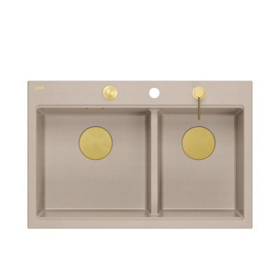 Zlewozmywak granitowy MARC 120 WORKSTATION – dwukomorowy, wpuszczany, pearl beige/elementy złote + AKCESORIA, Quadron