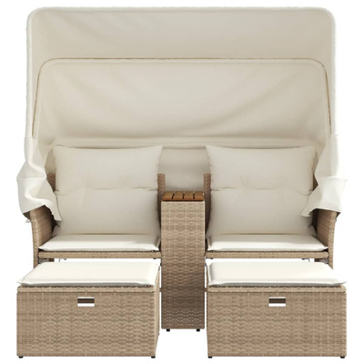 2-os. sofa ogrodowa z zadaszeniem i stołkami, beżowa, rattan PE