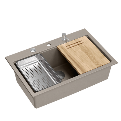 Zlewozmywak granitowy MARC 1-komorowy 76x50 cm szarobeżowy/soft taupe + elementy stal szlachetna