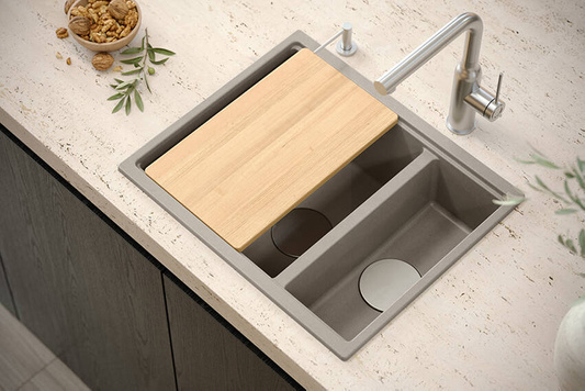 QUADRON | LOGAN 150 | granitowy zlewozmywak kuchenny CZARNY mat + MIEDŹ PVD | wymiary: 56 x 46 x 22 cm | 1,5-komorowy wpuszczany | podbudowa szafki od: 60 cm