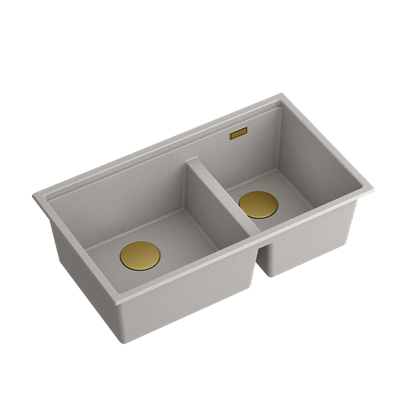 CLARK 842 Hard Rock GraniteQ zlewozmywak 2-komorowy podwieszany 840x485x255 mm concrete + odpływ złoty, syfon save space + zaczepy