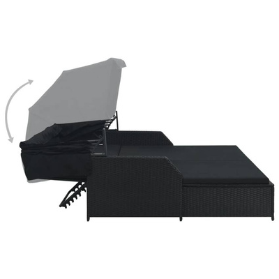 vidaXL Leżak dwuosobowy z zadaszeniem, polirattan, czarny
