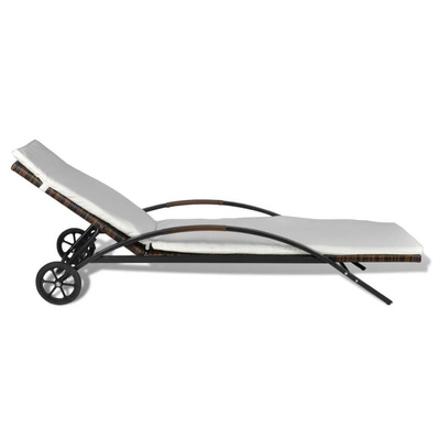 vidaXL Leżak z poduszką i kółkami, polirattan, brązowy