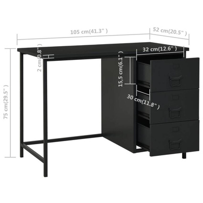 vidaXL Industrialne biurko z szufladami, czarne, 105x52x75 cm, stal