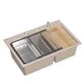 Zlewozmywak granitowy MARC 120 WORKSTATION – dwukomorowy, wpuszczany, pearl beige/elementy stalowe + AKCESORIA, Quadron