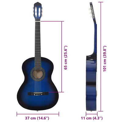 12-częściowy zestaw z gitarą klasyczną, niebieski, 4/4, 39"
