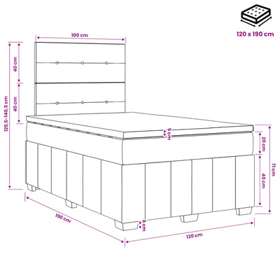 Łóżko z box spring LED z materacem jasnoszary 120 x 190 cm