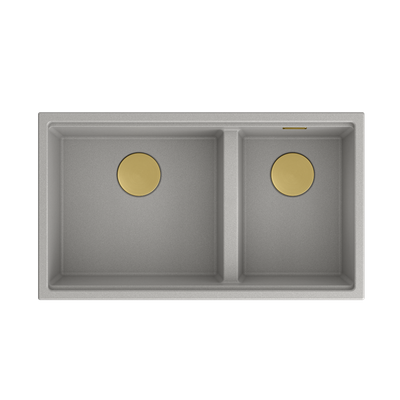 CLARK 842 Hard Rock GraniteQ zlewozmywak 2-komorowy podwieszany 840x485x255 mm concrete + odpływ złoty, syfon save space + zaczepy