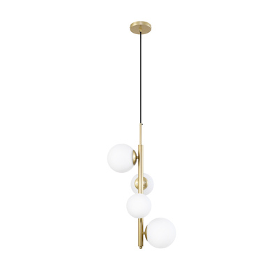 Lampa wisząca CORDEL elegancka - złoty mosiądz z białymi kloszami kulkami - designerska lampa do salonu 4x G9 LED
