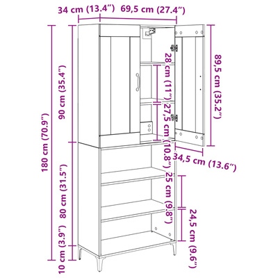 Highboard Czarny Dąb 69,5 x 34 x 180 cm Drewno inżynieryjne
