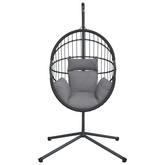 Wiszące krzesło kokon ze stojakiem, szare, rattan i stal