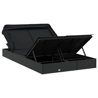 vidaXL Leżak 2-os., składany dach, czarny, 213x118x97 cm, polirattan