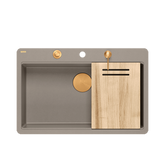 QUADRON | MARC 110 FM PRODUKT NA ZAMÓWIENIE | granitowy zlewozmywak kuchenny SZAROBEŻOWY + MIEDŹ PVD | wymiary: 75 x 49 x 24 cm | akcesoria: syfon, dozownik, deska | 1-komorowy na równi w blatem | podbudowa szafki od: 80 cm