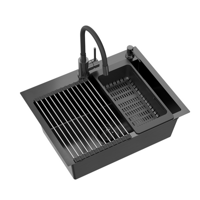 Zlewozmywak stalowy LUKE 110 WORKSTATION – jednokomorowy, wpuszczany, stal black metal/elementy black metal + AKCESORIA, Quadron model standard
