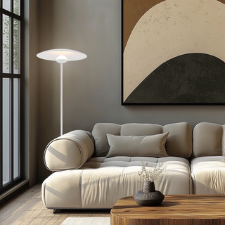 Lampa stojąca LUND w stylu skandynawskim – biały klosz talerz - nowoczesna lampa podłogowa LED