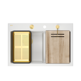 Zlewozmywak granitowy MARC 120 WORKSTATION – dwukomorowy, wpuszczany, snow white/elementy złote + AKCESORIA, Quadron