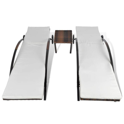 vidaXL Leżaki ze stolikiem, polirattan, brązowe