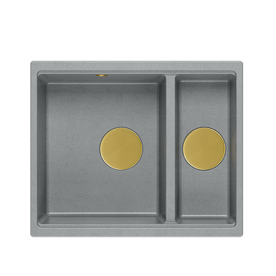 QUADRON | LOGAN 150 | granitowy zlewozmywak kuchenny SZARY + ZŁOTO PVD | wymiary: 56 x 46 x 22 cm | 1,5-komorowy podwieszany | podbudowa szafki od: 60 cm