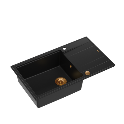 EVAN 136 XL GraniteQ zlewozmywak z syfonem Push To Open 1-komorowy z/o (860x500x210; kom. 420x490) pure carbon / elementy miedziane