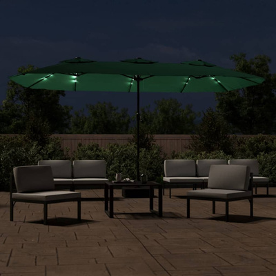 Podwójny parasol ogrodowy z LED, zielony, 449x265 cm
