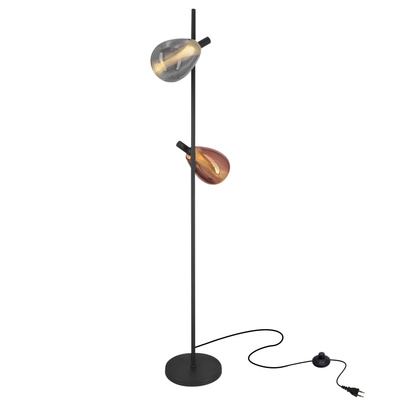 Lampa podłogowa Denso czarna dwupunktowa szklane klosze dymiony i miedziany