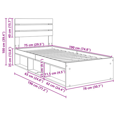 Ramka łóżka Dąb wędzony 75 x 190 cm Lite drewno sosnowe