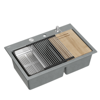 Zlewozmywak granitowy MARC 120 WORKSTATION – dwukomorowy, wpuszczany, silver stone/elementy stalowe + AKCESORIA, Quadron