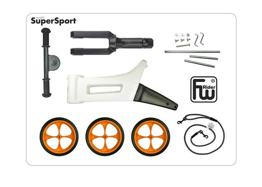 FWRider Super Sport 515753 Kolor: White / Biały z pomarańczowymi felgami Rowerek biegowy Jeździk 2w1 Ciche koła + Pasek do noszenia dla Rodzica