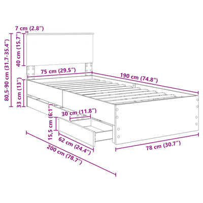 Ramka łóżka Dąb Sonoma 75 x 190 cm Drewno inżynieryjne